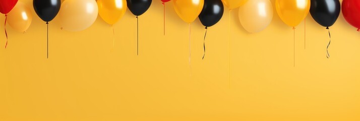 Holiday banner of colorful balloons on yellow background.