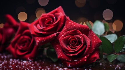 Close up photo of dark red velvet rose on wet icy surface for Saint Valentine's Day on February 14th as a symbol of winter love and affection