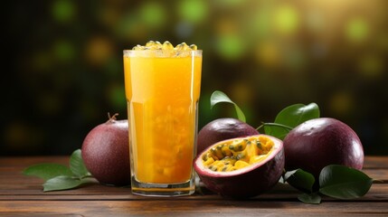 Passion fruit juice with ice in cafe or restaurant is a healthy drink on wooden table background with copy space for text