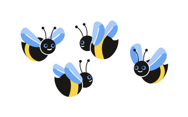 Cute farm animal. Colorful sticker with striped wasps, bees or hornets. Production of natural honey on farm. Agriculture in village. Cartoon flat vector illustration isolated on white background