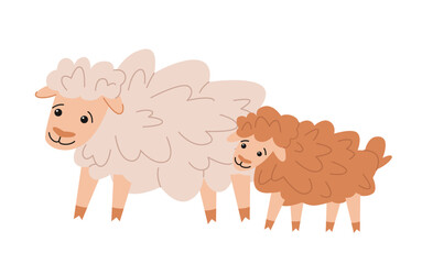 Cute farm animal. Colorful sticker with mother lamb and baby sheep. Wool production. Agriculture in countryside. Cartoon flat vector illustration isolated on white background