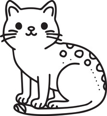 Whimsical black and white illustration of a cat, perfect for coloring, line drawing style
