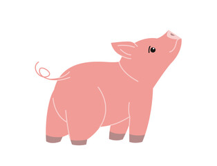 Cute farm animal. Colorful doodle sticker with pink pig. Agricultural piglet. Farming in countryside. Small livestock. Cartoon flat vector illustration isolated on white background