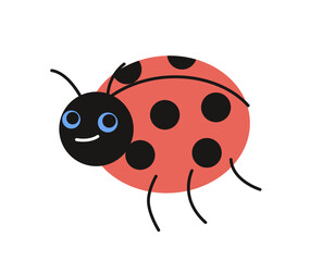 Cute insect icon. Colorful sticker with smiling red ladybug in polka dots. Wild or garden flying animal. Design element for print. Cartoon flat vector illustration isolated on white background