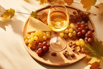 Glass of white wine with grape, cheese and nuts served on light sunny background. Serving lunch at the winery. Romantic drink for party, wine shop or wine tasting concept. Sunbeam. Copy space - obrazy, fototapety, plakaty