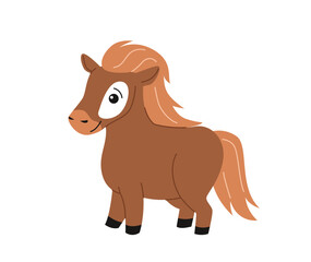 Cute farm animal. Sticker with beautiful little horse with mane. Farm pony or foal. Agricultural livestock. Design element for print. Cartoon flat vector illustration isolated on white background