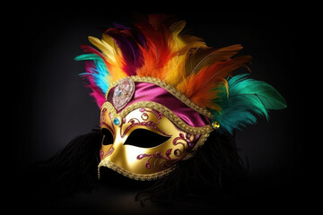 Colorful traditional venetian carnival mask decorated with feathers on a dark background. 