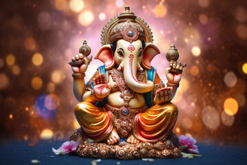 Fototapeta premium Hindu Lord Ganesha with blurry beautiful and colorful decorative background, Ganesha Ganpati statue, Ganesha festival, Hindu lord concept.