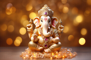 Fototapeta premium Hindu Lord Ganesha with blurry beautiful and colorful decorative background, Ganesha Ganpati statue, Ganesha festival, Hindu lord concept.
