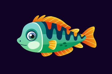 Cute underwater animal. Sticker with beautiful aquarium or ocean fish. Funny sea creature with fins, scales and tail. Marine life. Cartoon flat vector illustration isolated on white background