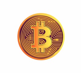 Crypto coin on a yellow background. Stylized illustration of a Bitcoin coin in yellow, orange and purple colors.