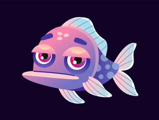 Cute underwater animal. Colorful sticker with unusual deep sea bottom fish. Funny sea or ocean dweller. Aquarium character. Cartoon flat vector illustration isolated on white background