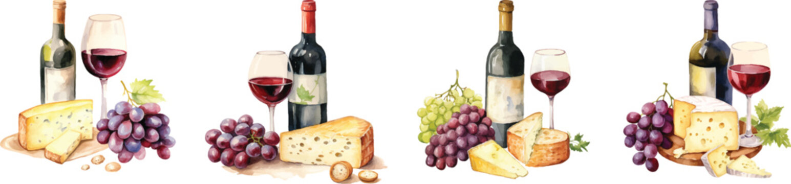 Watercolor illustration set clipart of cheeses for wine, design, print, vector