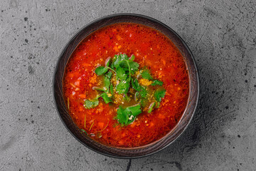 Ukrainian borsch red soup top view
