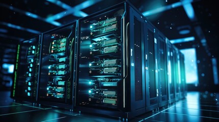 High performance data servers. Ultra high performance servers in data center rack, operating at full load with stability and optimum processing power. Glowing hardware and cables