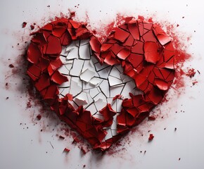 red cracked heart on a white background, perfect for Valentine's Day or other romantic occasions. - obrazy, fototapety, plakaty