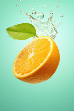 Closeup of citrus orange slice flying in the air, levitation, on flat green background with copy space. Banner of fresh orange fruit flavored product for website or presentation.