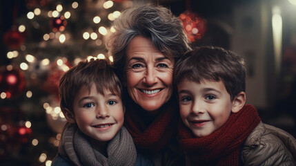 Grandma, with a smile on her face, sits with her two grandchildren in front of a colorful Christmas tree, savoring the festive moment of togetherness. - Powered by Adobe