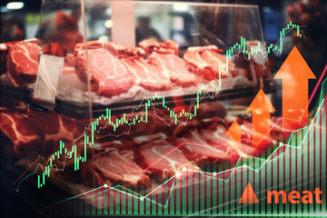 Butcher's display of meat with ascending stock market graphs showing economic trends