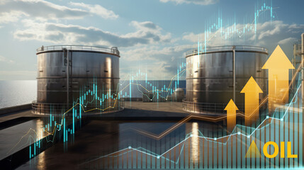 Oil storage tanks with financial charts, symbolizing market dynamics in the oil sector