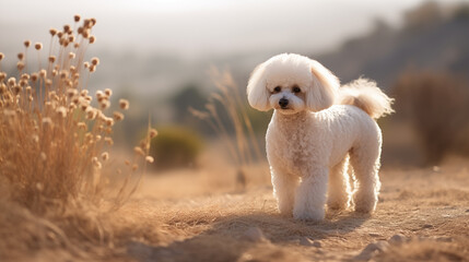 White Poodle (Pudel or Caniche), outside, AI Generated