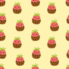 Yellow seamless pattern with strawberry in chocolate. Squishmallow. Strawberry. Kawaii, Vector