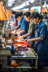 Fototapeta premium Large group of Asian women working on sewing machines in a big factory.