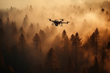 Fototapeta na wymiar Air firefighting with drone of wildfire in forest.