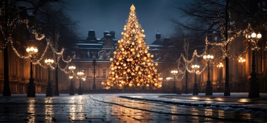 Magical mood: European city square with a decorated Christmas tree