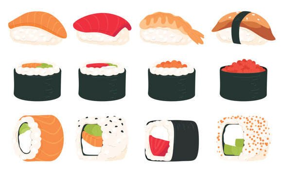 Set of sushi and sashimi. A traditional Japanese dish. Rice with fish. Delicious restaurant food. Vector illustration