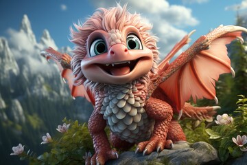 Cartoon Dragon and His Magical Haven in the Mountains