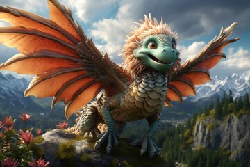 A dragon in a cartoon style and mountains in one frame - obrazy, fototapety, plakaty