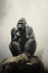 A large gorilla sits on top of a rock in the fog.