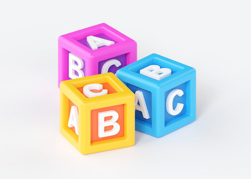 3d toy amc cubes for kids, alphabet block for play. Child colorful box render illustration, preschool education squares