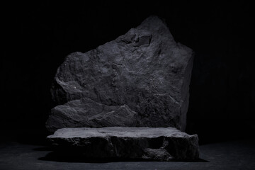 Flat stone pedestal, black and white template, banner background. Minimalism concept, empty podium...