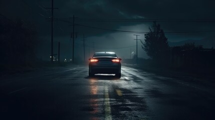 Escape car. Midnight road or alley with a car driving away in the distance. Wet hazy asphalt road or alley. crime, midnight activity concept