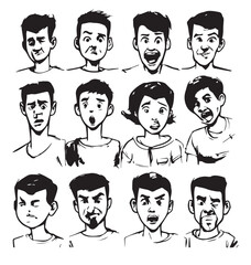 Different expressions on the faces of teenagers drawn in vector.