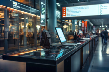 Information Computer on the airport. Buy ticket online on the airport, check in online. - obrazy, fototapety, plakaty
