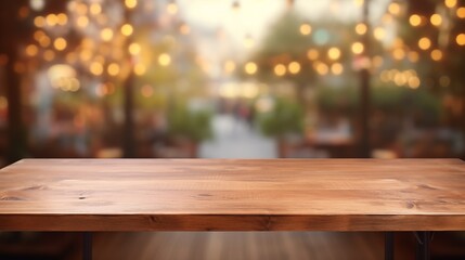 Wooden board empty table in front of blurred background. Perspective brown wood over blur in coffee shop - can be used for display or montage your products.Mock up for display of product.