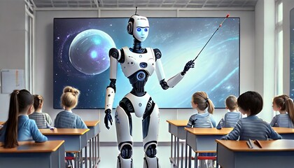 Futuristic humanoid robot teaching children at school. School of the future, artificial intelligence