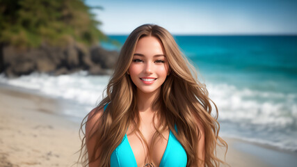 Sun-Kissed Charm: Captivating Portrait of a Young, Attractive, and Cute Blue-Eyed American Girl Smiling on the Beach - obrazy, fototapety, plakaty