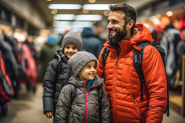 Obraz premium Father and little boy walking and looking around in big sports store. Many shelves with sport equipment and products.