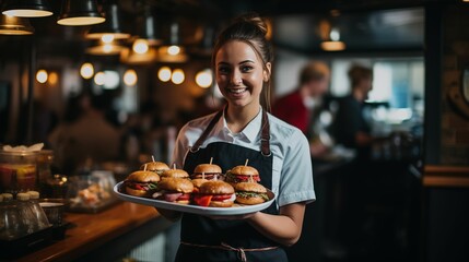 A friendly waitress holding a tray of burgers in a restaurant.