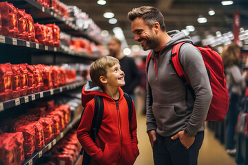 Father and little boy walking and looking around in big sports store. Many shelves with sport equipment and products.