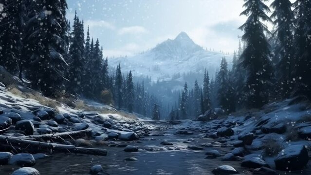 Winter landscape of mountain forest and river with snow covering the surface. Seamless looping video animation background. Generated with AI