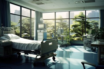 Empty Hospital room with comfortable medical equipped and beds