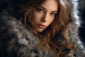 Generative AI portrait of young stunning woman wearing fluffy fur coat winter day