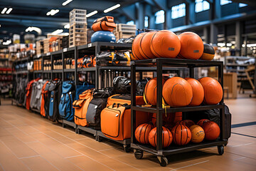 A shelf filled with lots of different types of sports equipment in sports big store.