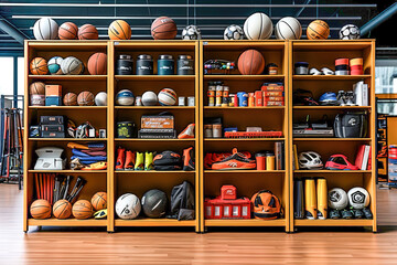 A shelf filled with lots of different types of sports equipment in sports big store.