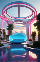 Obraz na płótnie Canvas Futuristic living room neon lights modern architecture.